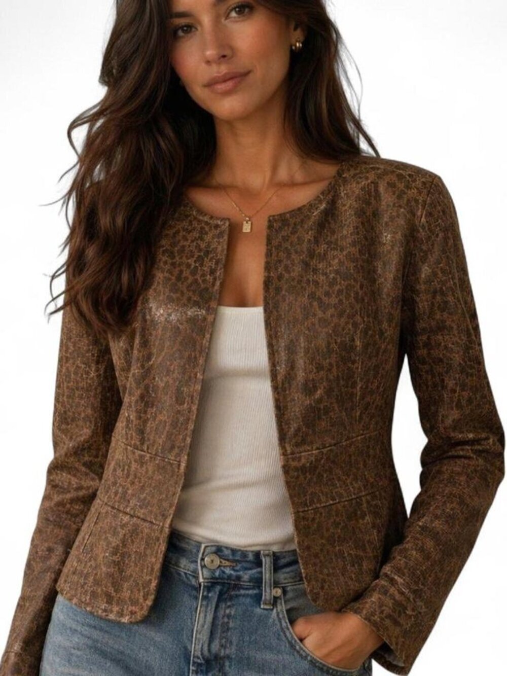 Live A Little 100% Leather Jacket Leopard pattern zippered